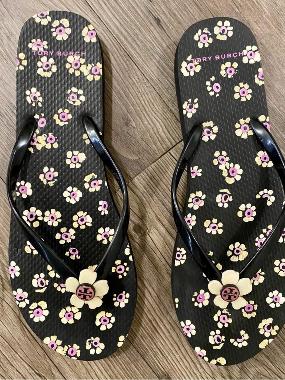 Tory Burch Black Flip Flops with Pink and Cream Floral Accents - Picture 2 of 5